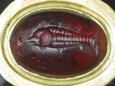 古代ローマ　カボッション　ガーネット　インタリオ　リング　魚
