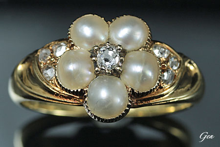 天然真珠　ダイヤモンド　クラスター　リング　アンティークジュエリー